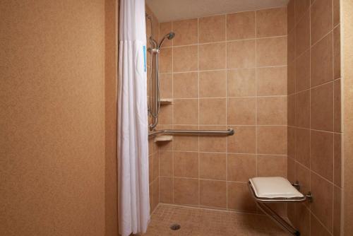 a bathroom with a shower with a toilet and a shower curtain at Hampton Inn Youngstown West in Mineral Ridge