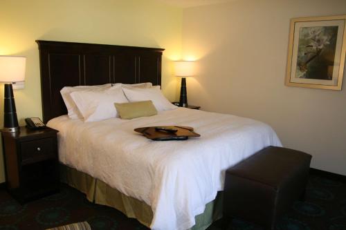 um quarto de hotel com uma cama com um saco em Hampton Inn & Suites Wilder em Wilder