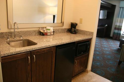 a kitchen counter with a sink and a mirror at Hampton Inn & Suites Wilder in Wilder