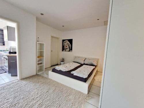 een slaapkamer met een bed en een spiegel bij iBO-APART Ganze Ferienwohnung in Herzogenaurach in Herzogenaurach