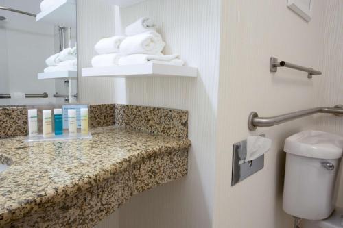 a bathroom with a sink and a toilet and towels at Hampton Inn St. Louis Southwest in Fenton