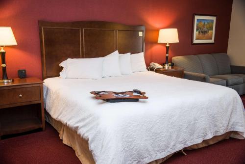 Habitación de hotel con cama grande y bandeja. en Hampton Inn Lexington - Georgetown I-75 en Georgetown
