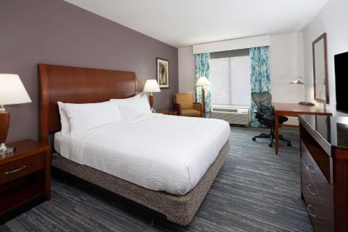 グロトンにあるHilton Garden Inn Mystic/Grotonの大きなベッドとデスクが備わるホテルルームです。