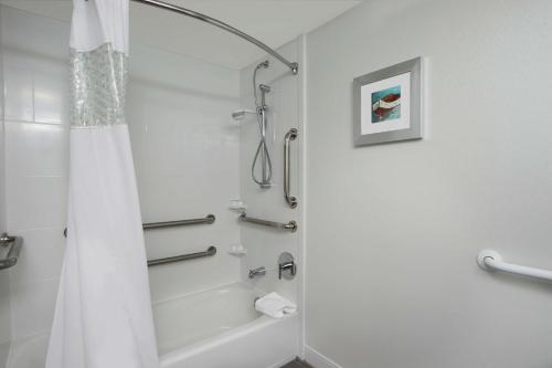 a bathroom with a shower with a shower curtain at Hampton Inn Madison in Madison