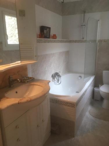 a bathroom with a tub and a sink and a toilet at Les Arches du Cloître in Corneilla-de-Conflent