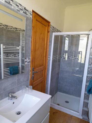 a bathroom with a sink and a shower at Manoir Demouret Sarlat in Sarlat-la-Canéda