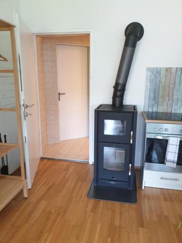 a wood stove in a living room with a door at Ferienwohnung mit Pool an der Apfelstraße in Puch bei Weiz