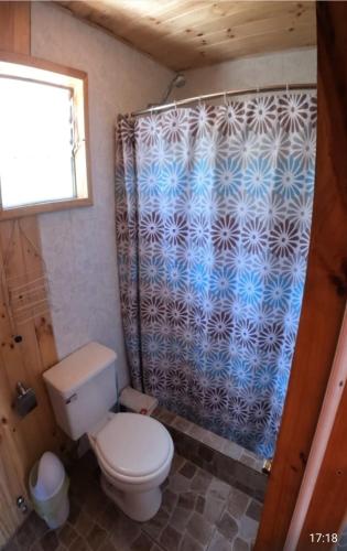 uma casa de banho com um WC e uma cortina de chuveiro em Cabañas Polymar el Tabo em El Tabo