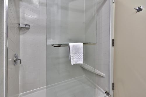 W łazience znajduje się prysznic ze szklanymi drzwiami. w obiekcie Fairfield Inn Richmond Chester w mieście Chester