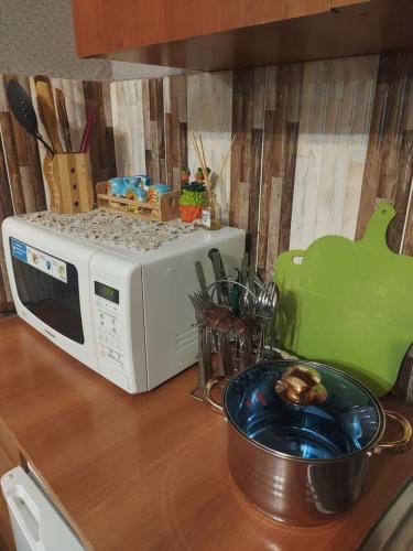 a kitchen counter with a microwave and a bowl on top at Luka in Tbilisi City