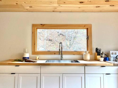 uma cozinha com um lavatório e uma janela em Stream House (The Lorca, Catskills) em Shandaken