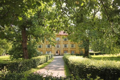 um grande edifício amarelo com árvores em frente em Schloss Frauenthal em Deutschlandsberg