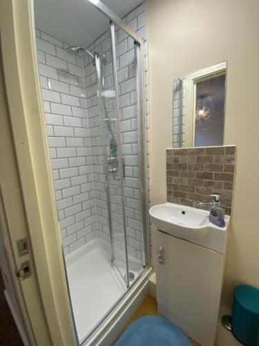 een badkamer met een douche en een wastafel bij Plumpton Walk in Canterbury