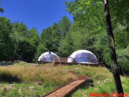 dos cúpulas en la cima de una colina con árboles en ENERGY GLAMP, en Międzybrodzie Bialskie