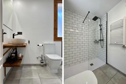 two pictures of a bathroom with a toilet and a sink at Balaitus ❆ Atico de 120m2 con garaje ✿❀✿ in Sallent de Gállego