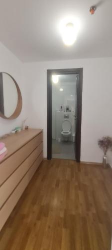 a bathroom with a toilet and a mirror in a room at פנטהאוז בירושלים in Bayit Wegan