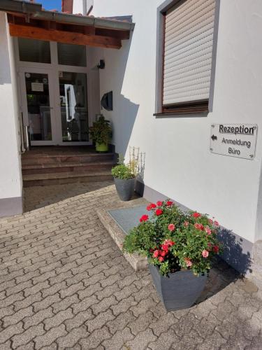 a building with two pots of flowers next to a window at Pension am Kirchberg in Wehringen