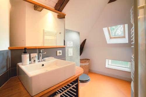 une salle de bain avec un lavabo blanc et un miroir dans l'établissement Le Gîte de l'Ormoy, à Saint-Laurent