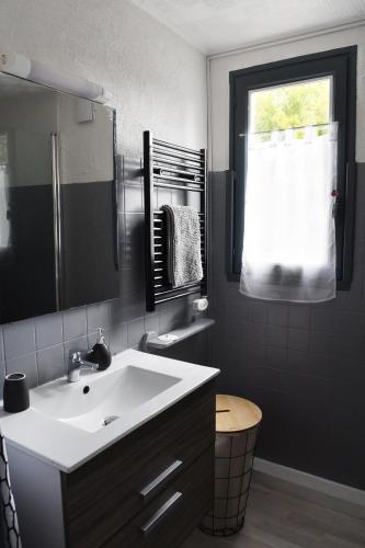 une salle de bain avec un lavabo, un miroir et une fenêtre dans l'établissement Le LINDUS de Bergerac !, à Bergerac