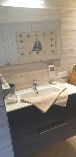 um balcão de cozinha com um lavatório e uma toalha em Le Petit Hureau em Saumur