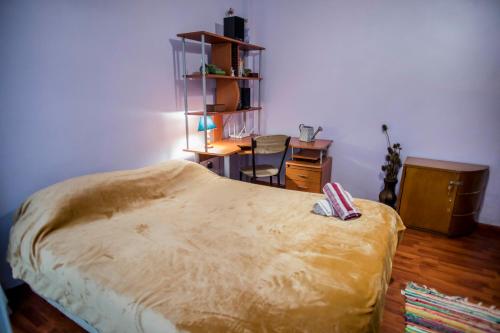um quarto com uma cama, uma secretária e uma cadeira em Apartamento único en el corazón de Montevideo em Montevidéu