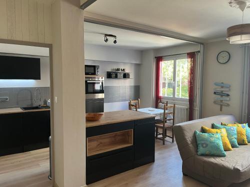 un salon avec un canapé et une cuisine dans l'établissement Appartement cosy Gare St-Etienne, à Saint-Étienne