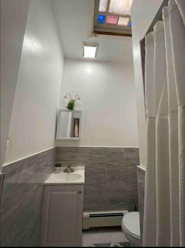 a small bathroom with a toilet and a sink at Stylish 1 Bedroom Apt - Brooklyn by train station in Brooklyn