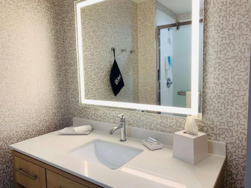 La salle de bains est pourvue d'un lavabo et d'un miroir. dans l'établissement Home2 Suites By Hilton Edinburg, à Edinburg