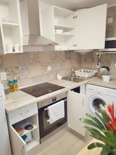 a kitchen with a sink and a washing machine at Small house with private park and yard in Terrugem