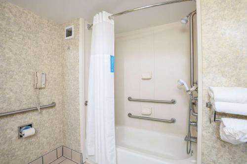 y baño con ducha y cortina de ducha. en Hampton Inn Williamston, en Williamston