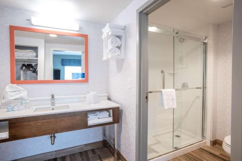 La salle de bains est pourvue d'un lavabo et d'une douche. dans l'établissement Hampton Inn Richwood Cincinnati South, KY, à Richwood