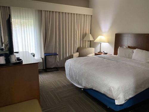 una habitación de hotel con una cama grande y una silla en Hampton Inn Ft. Chiswell-Max Meadows, en Max Meadows