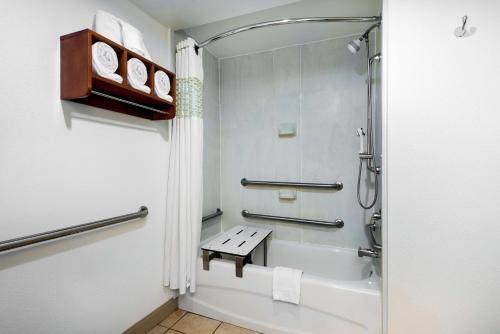 een badkamer met een douche, een bad en een wastafel bij Hampton Inn Ft. Chiswell-Max Meadows in Max Meadows