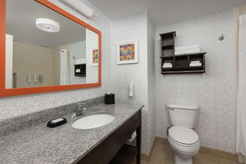 a bathroom with a toilet and a sink and a mirror at Hampton Inn Augusta in Augusta