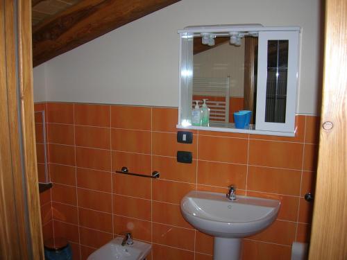 a bathroom with a sink and a mirror at La Barmo Affittacamere in Pietraporzio