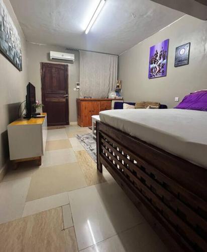 1 dormitorio con 1 cama y TV en Cozy studio apartment, en Dar es Salaam