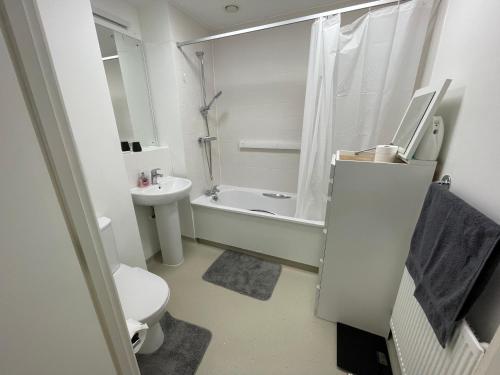 a white bathroom with a toilet and a sink at Spacious 2 Bedroom Modern Flat in London
