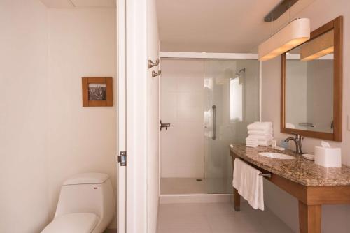 y baño con aseo, lavabo y ducha. en Hampton by Hilton Guadalajara Expo en Guadalajara