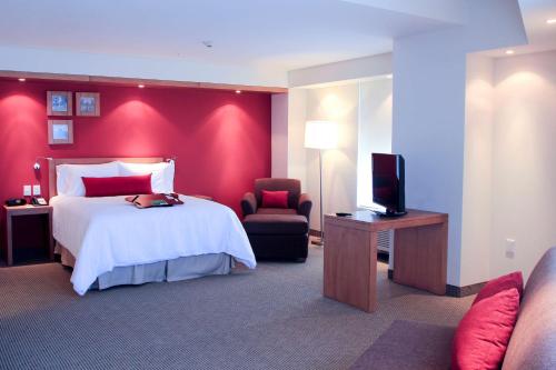 a hotel room with a bed and a flat screen tv at Hampton by Hilton Guadalajara Expo in Guadalajara