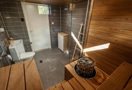 a bathroom with a shower and a toilet and a sink at Norlight Cottages Ivalo - Aurinko West in Ivalo