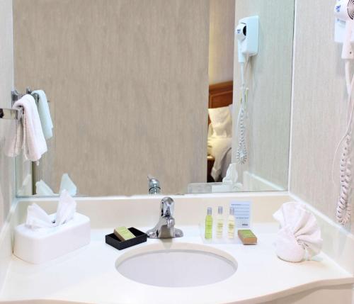 a bathroom with a sink and a mirror at Hampton by Hilton Saltillo Zona Aeropuerto in Saltillo