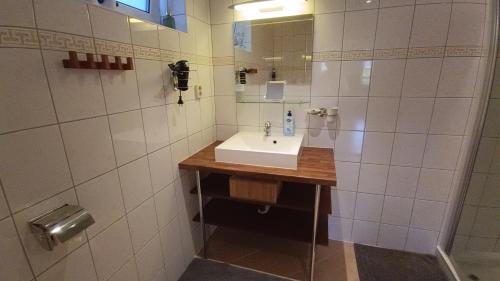 a bathroom with a sink and a mirror at Haus Rosaria in Stallhofen