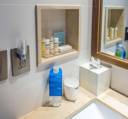 a bathroom sink with a bottle of water and a mirror at Hampton By Hilton Santo Domingo Airport in Boca Chica