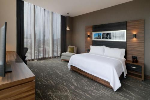 Cette chambre comprend un grand lit et une télévision. dans l'établissement Hilton Garden Inn Monterrey Obispado, à Monterrey