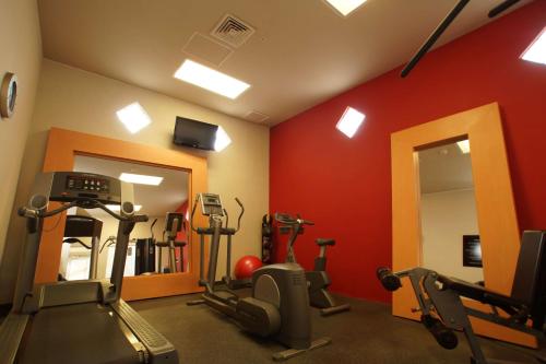 a gym with cardio equipment in a room with red walls at Hampton Inn Tampico Airport in Tampico