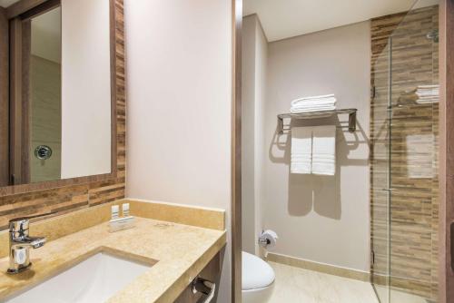庫庫塔的住宿－Hampton By Hilton Cucuta，一间带水槽、卫生间和镜子的浴室