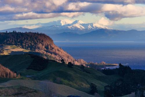 a view of a mountain range with snow covered mountains at Hilltop Whakaipo Estate in Taupo