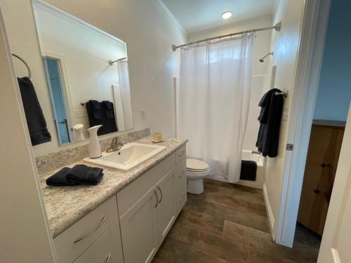 a bathroom with a sink and a toilet and a mirror at 3bed2bath With Creek And Open Spaces in Durango