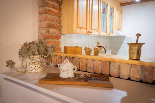 - un comptoir de cuisine avec une bouilloire et des vases dans l'établissement Studio Apartment Pr' Mirotu, à Osilnica
