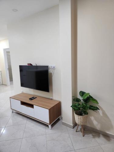 a living room with a flat screen tv and a plant at Castelinho Florida in Espargos